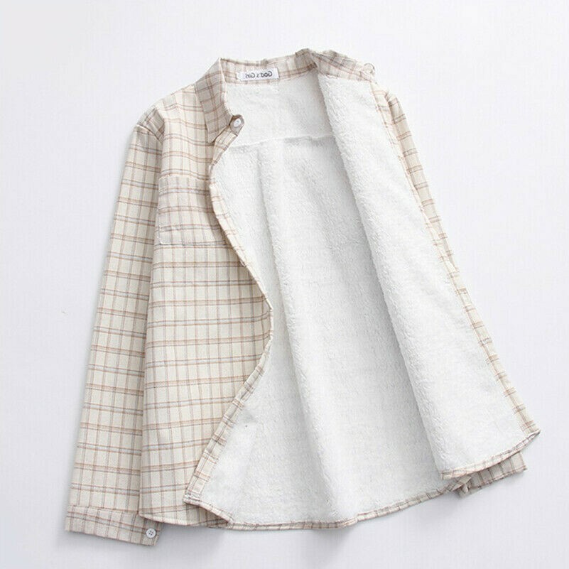 Ragazza Plaid Quadri Maglia Manica Lunga Foderato IN Pile Caldo Spesso Fighetto