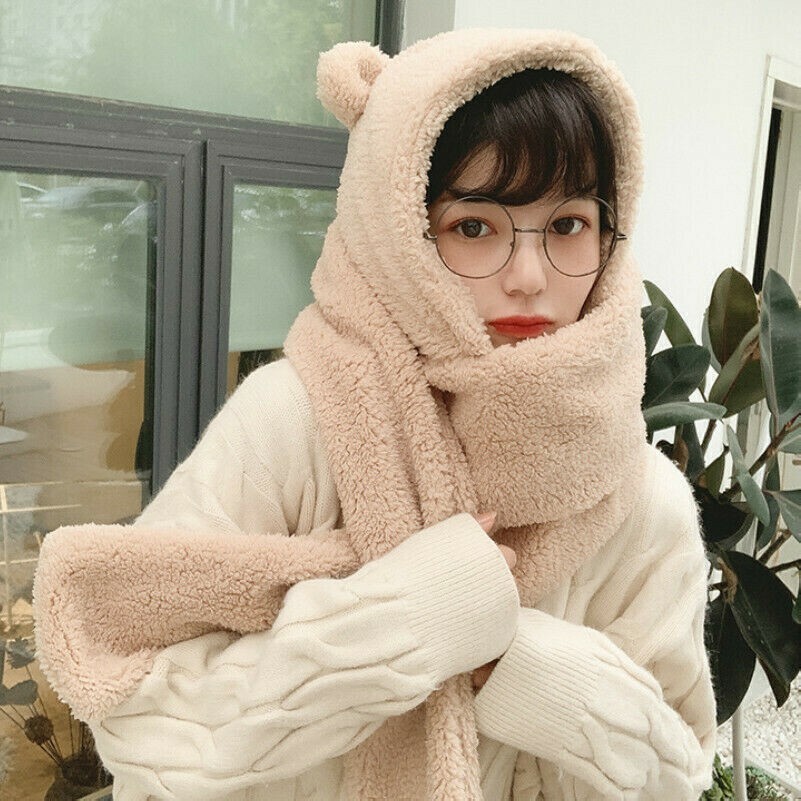 Damen Fell Bär Ohren Schal Kappe Hut Flauschig Schal Warm Winter Fleece Kapuze