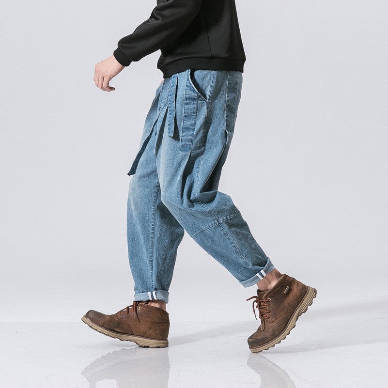 moda uomo harem jeans larga Pantaloni casual cavallo basso cotone taglie forti