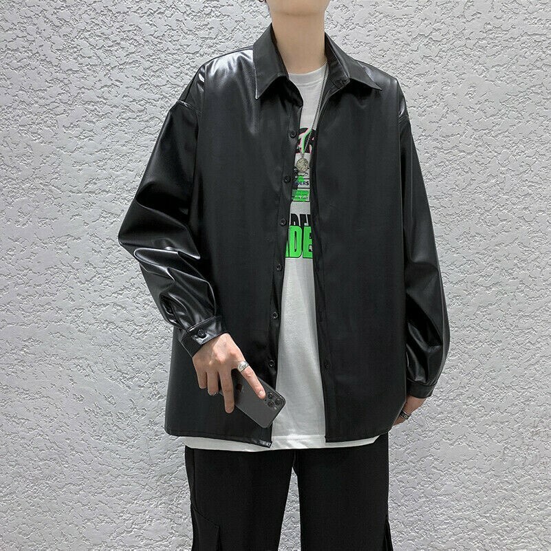 Herren Damen Kunstleder Hemd Bluse Mantel Jacke Top Locker Freizeit Punk Schwarz
