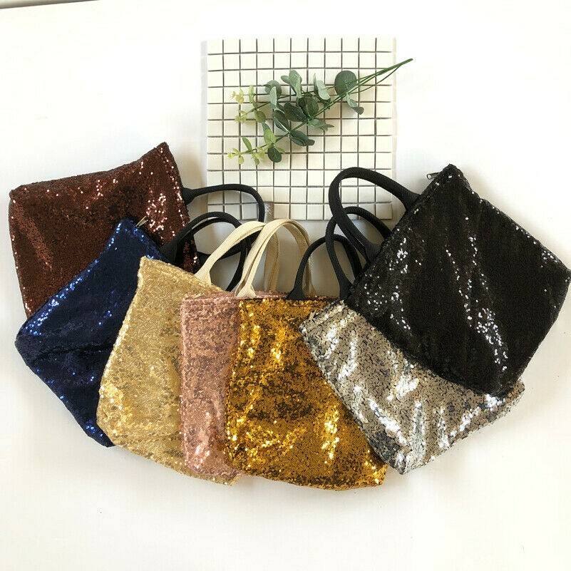 Women Small Handbag Shiny Sequin Canvas Zipper Tote Bag Purse Gift Fashion