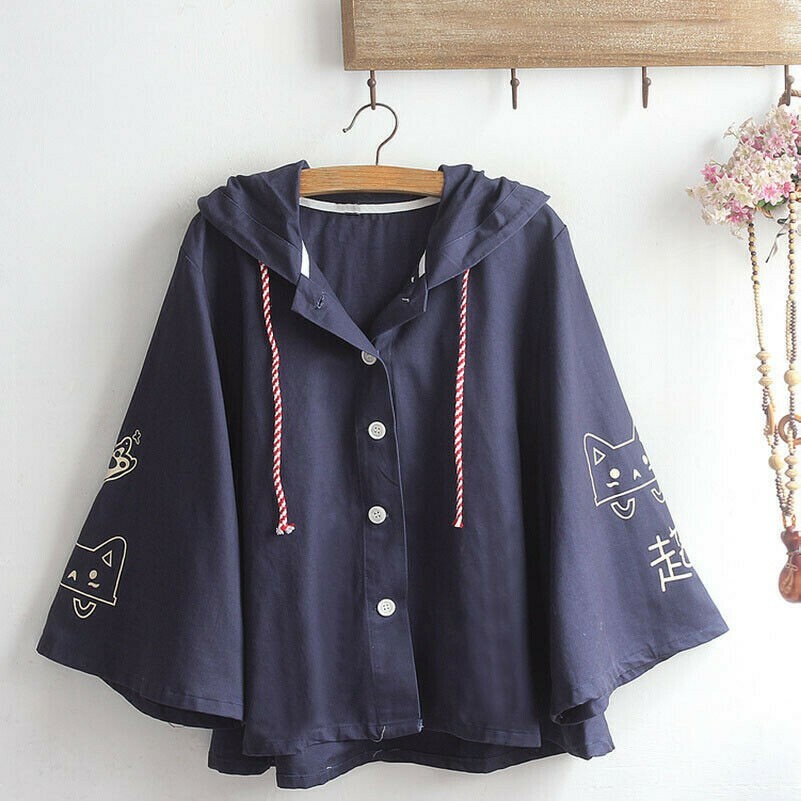 Girls Hooded Coat Jacket Casual Cloak Poncho Short Cape Cute Cat Kawaii Overcoat