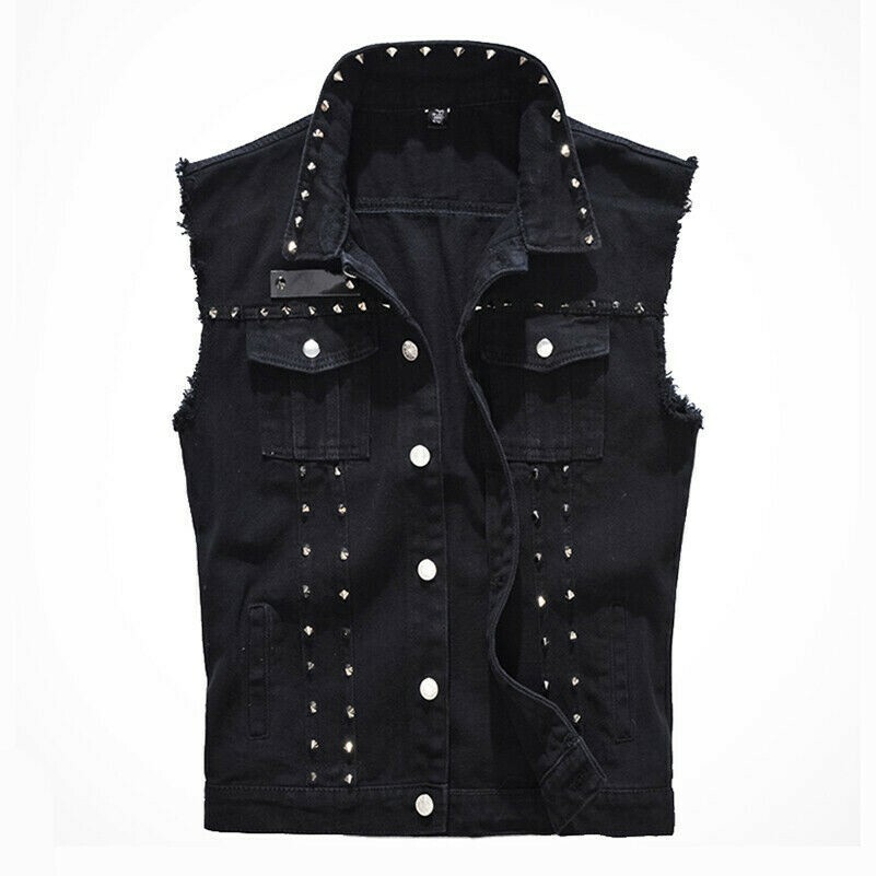 Mens Studded Denim Gilet Sleeveless Biker Jacket Shirt Waistcoat Jeans Punk