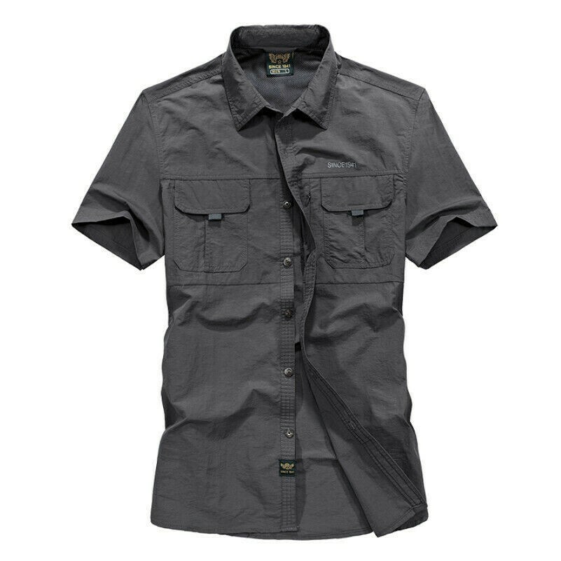 Mens Military Army Shirt Short Sleeve Tactical T-Shirt Cargo Button Down Top