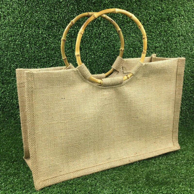 Hessian Handle Shopping Bag Jute Bamboo Lunch Pouch Bucket Large Round Ring