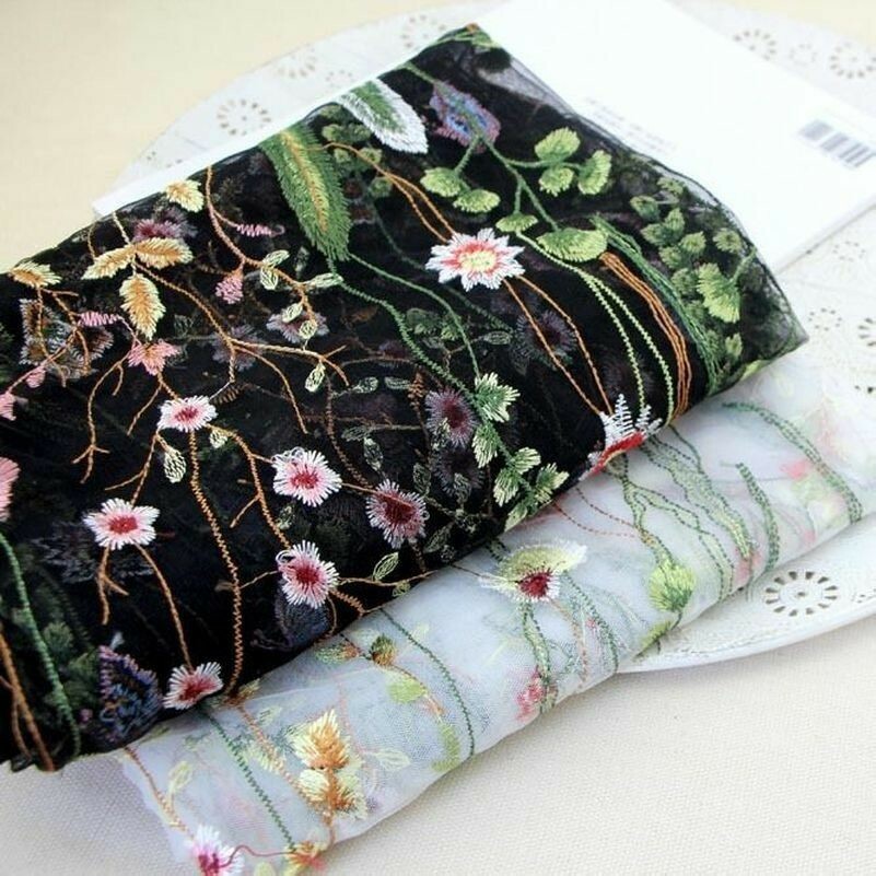 Embroidery Floral Lace Fabric Black Mesh Wedding Dress Cloth 47" Width By Meter