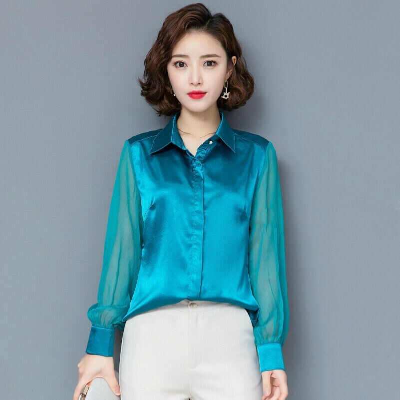Women Satin Blouse Faux Silk Silky Shirt Mesh Long Sleeve Casual Office Wear