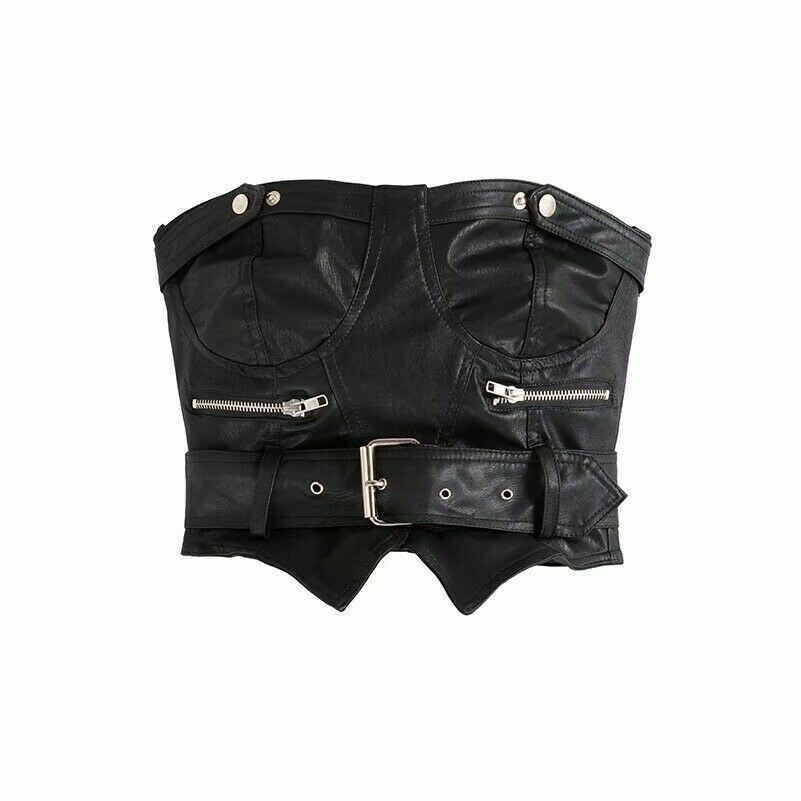 Women Corset Bra Faux Leather Crop Top Boob Tube Bandeau Strapless Zipper