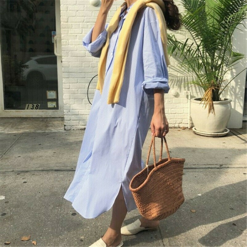 Women Shirt Dress Blouse Top Long Striped Loose Casual Baggy Fashion Pink