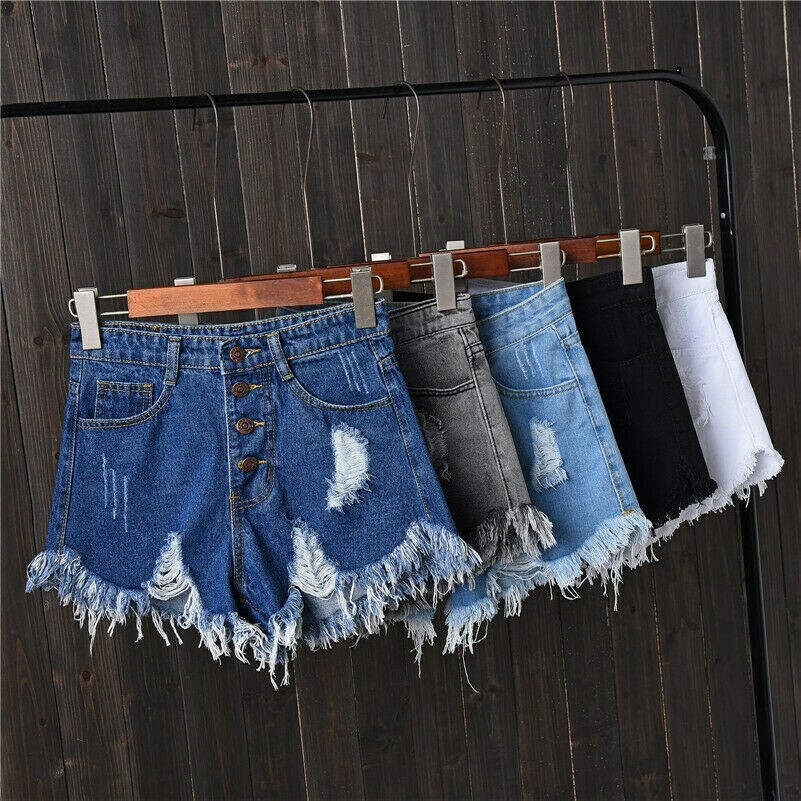 Summer Lady Distressed Denim Shorts Jean Hot Pants High Waist Tassel Edge Casual