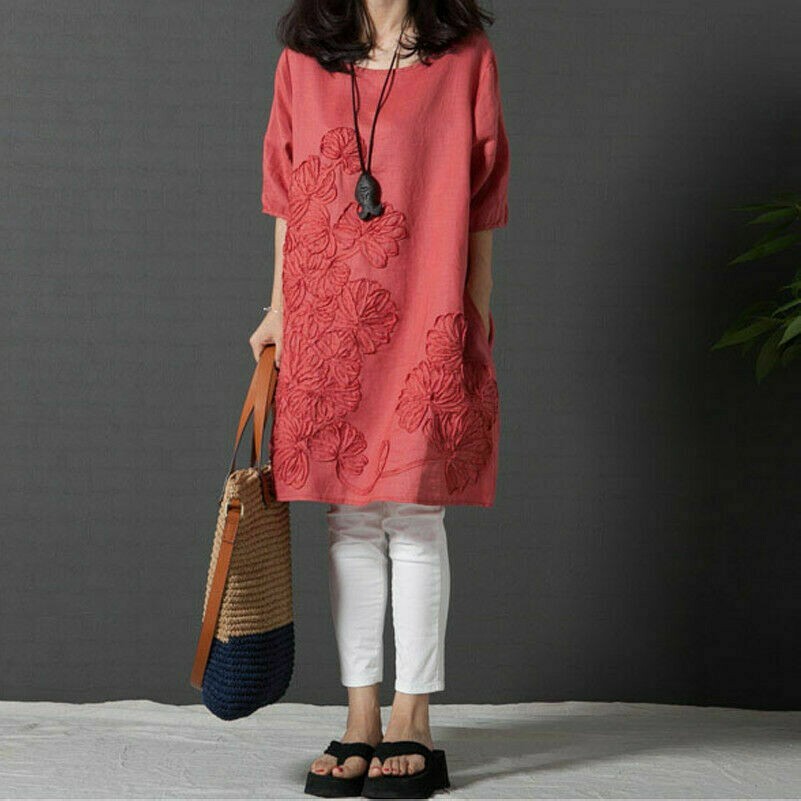 Damen Blumenmuster Leinen Baggy Hemd Kleid 3/4 Ärmel Bluse Tunika Top Locker