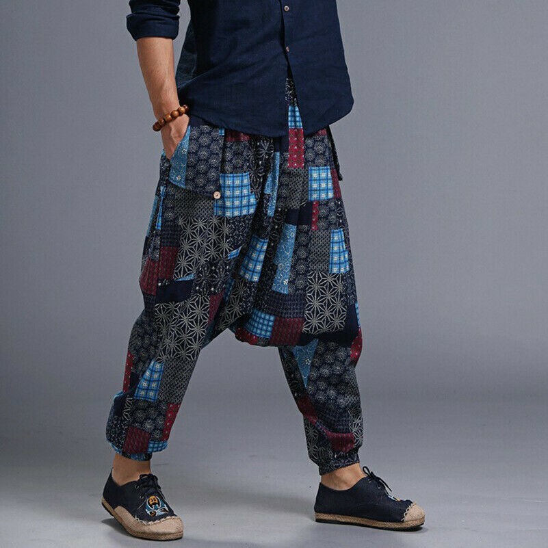 Mens Linen Cotton Low Crotch Harem Tapered Pants Loose Hippie Boho Trousers