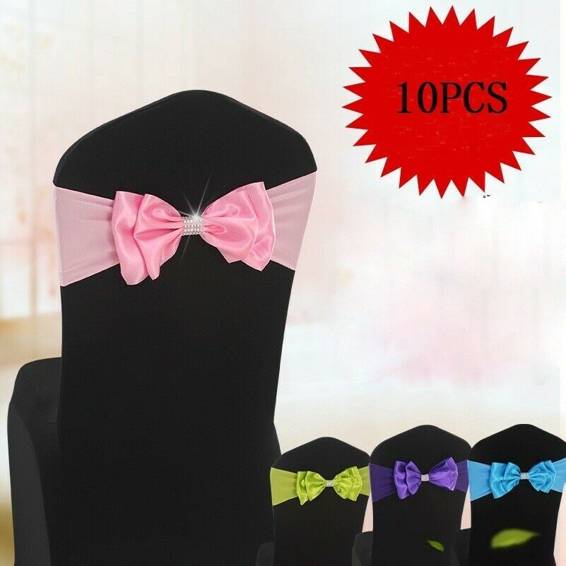 10X Spandex Stretch Tie Chair Sash Band Satin Bow Diamante Buckle Slider