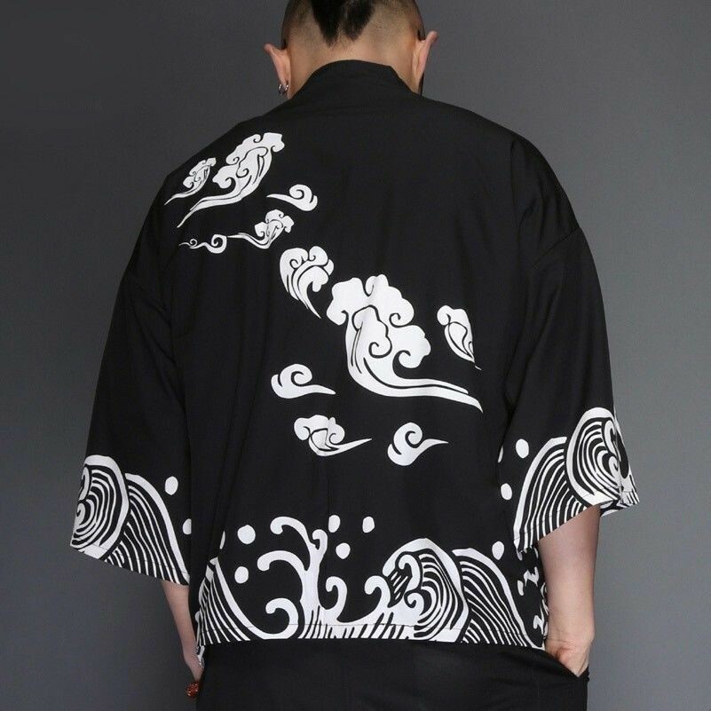 Mens Open Front Loose 3/4 Sleeve Kimono Cardigan Jacket Shirt Japanese Oriental