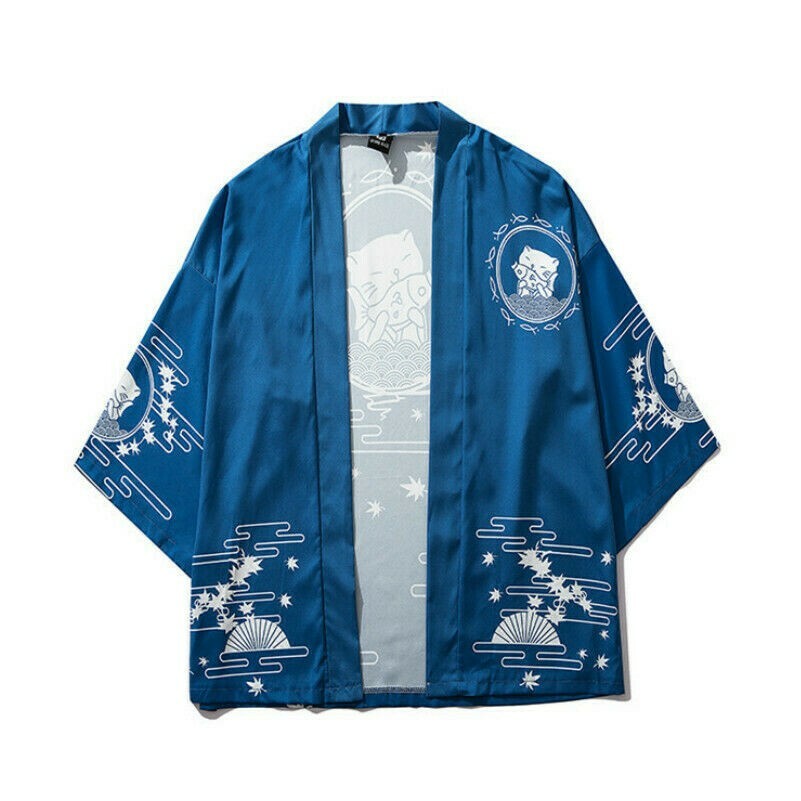 Men Women Yukata Kimono Cardigan Japanese Lucky Cat Printed Jacket Harajuku