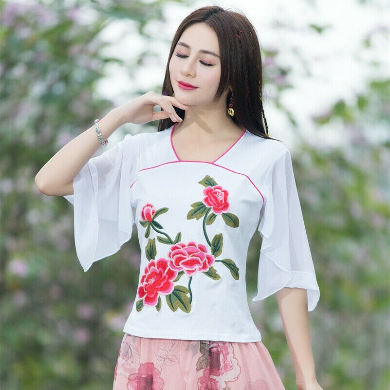 Femme Ethnique Haut Chemisier T-Shirt Mousseline Broderie Floral Ruche Manche