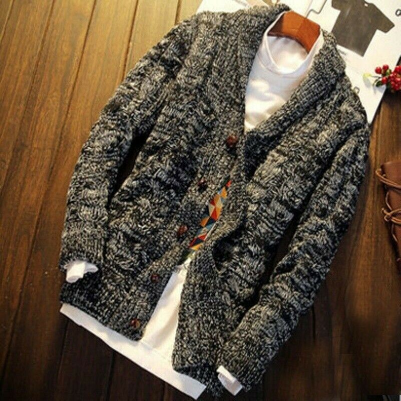 Herren Zopfmuster Strickjacke Pullover Geflochten Jacke Schalkragen Warm