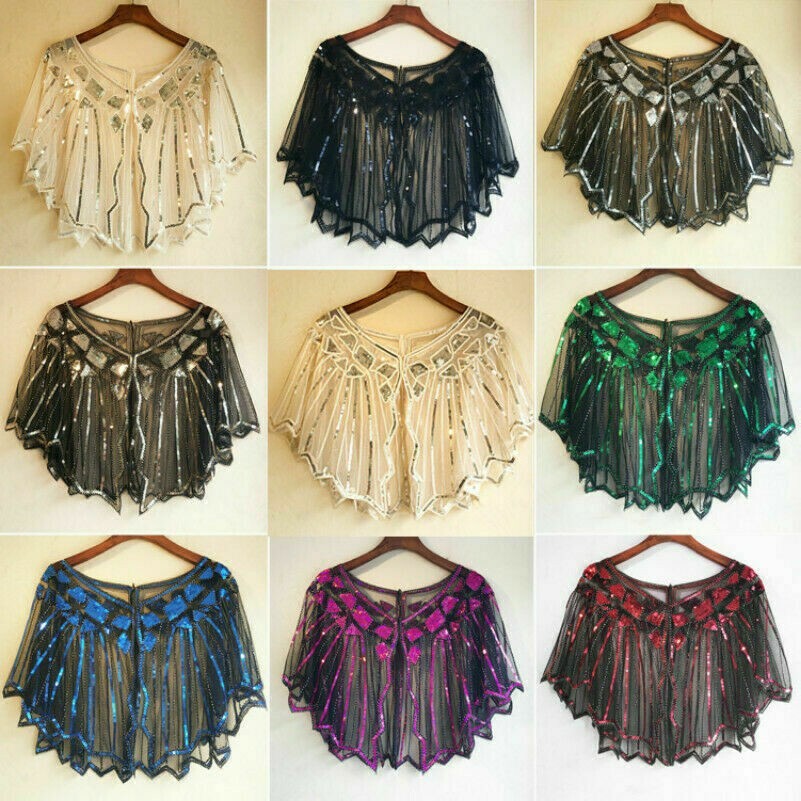 Damen Pailletten Wrap Bolero Umhang Schal Gitter Glitzer Braut Hochzeit Formell