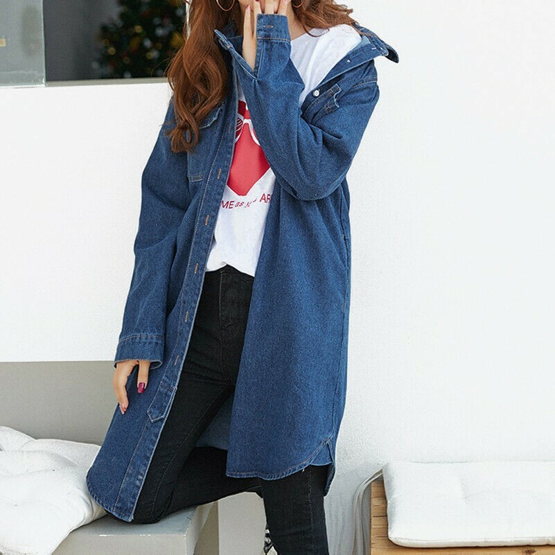 Lady Denim Long Shirt Collared Pockets Blouse Coat Top Boyfriend Style Navy Blue