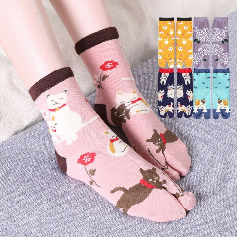 4 Pairs Women Girls Cotton Two Toe Socks Lucky Cat Japanese Geta Socks Cute Soft
