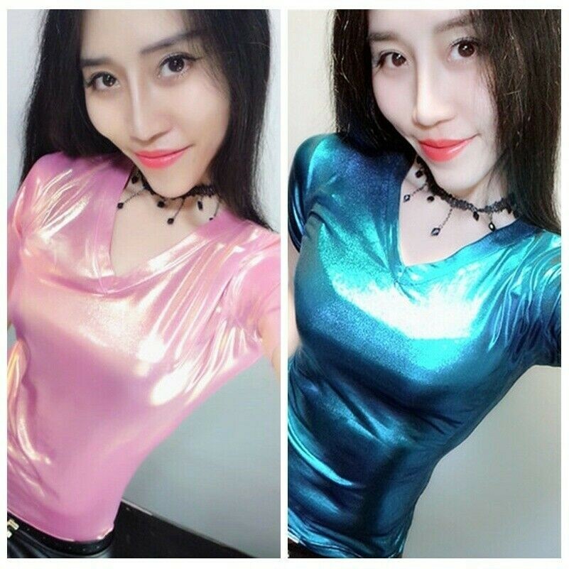Women Metallic Shiny Pullover T Shirt Short Sleeve V Neck Sexy Slim Tops Fashion
