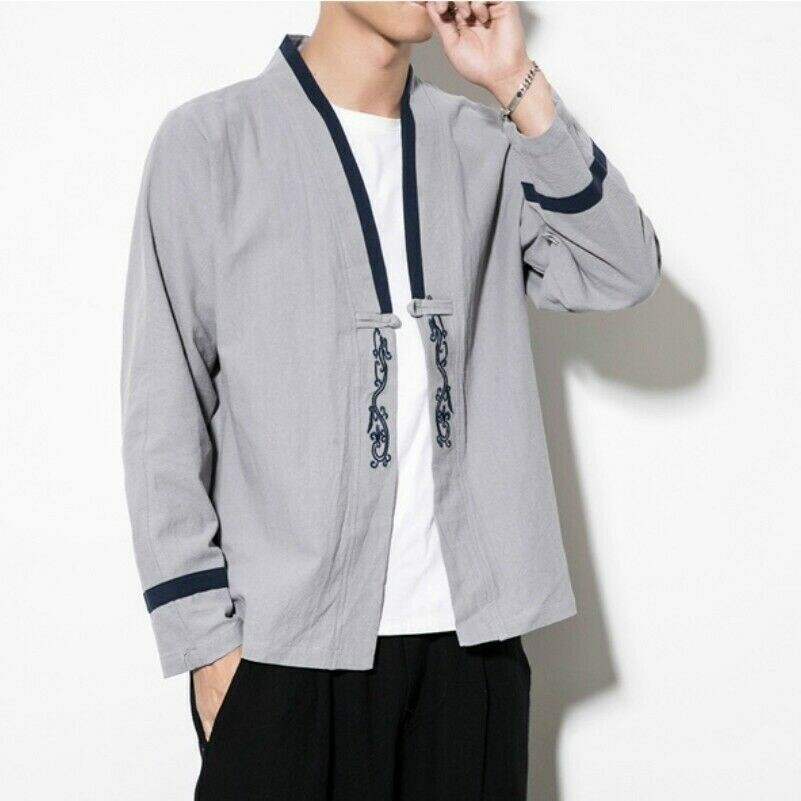 Uomo Ricamo Giacca Kimono Stile Etnico Cardigan Rétro Rosso Fuoco Bottoni