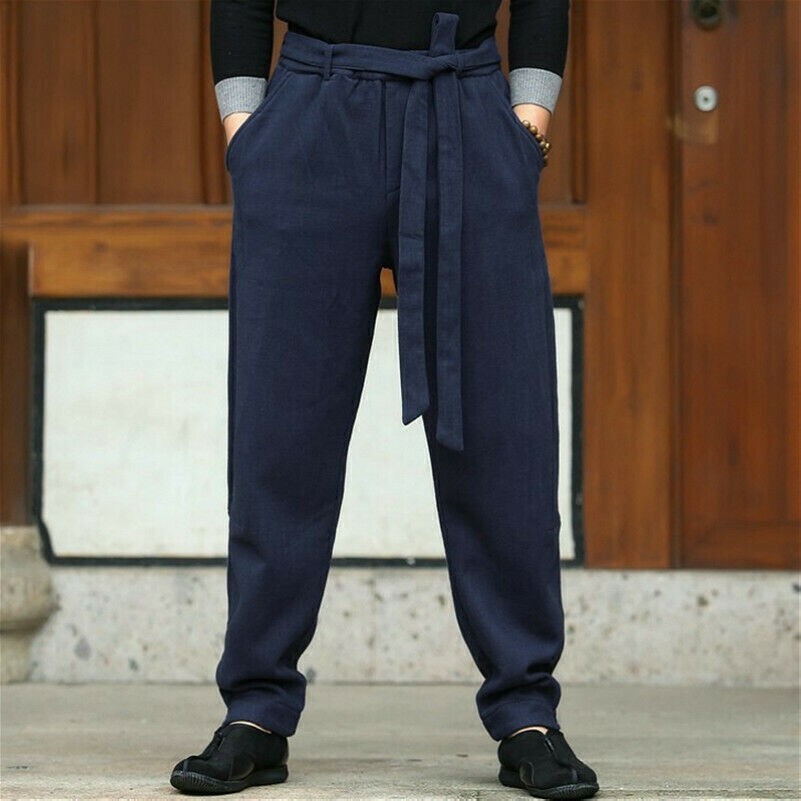 Uomo Cinese Kung Fu Tai Chi Pantaloni Lino Harem con Lacci Arti Marziali