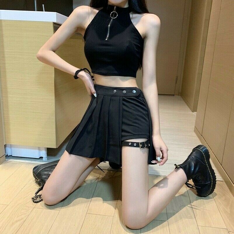 Split Skirt Pleated Asymmetric Irregular Shorts Gothic Punk Harajuku Clubwear