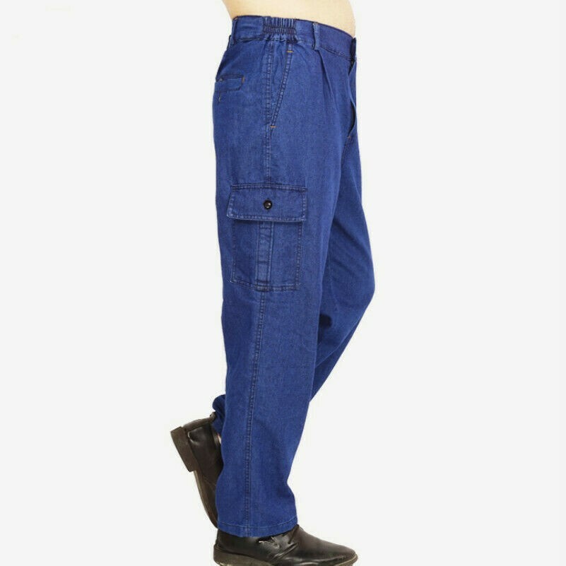 Men's Denim Cargo Pants Loose Combat Jeans Trousers Elastic Waist Work Wear