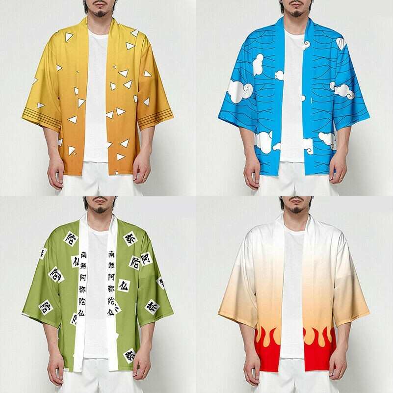 Mens Womens 3/4 Sleeve Kimono T Shirt Top Japanese Yukata Blouse Cardigan Green