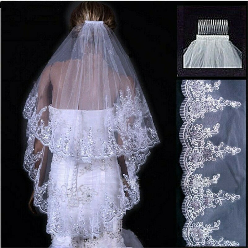 Bridal Wedding Veil Elbow 2 Layers Ivory Lace Edge Applique Sequin with Comb