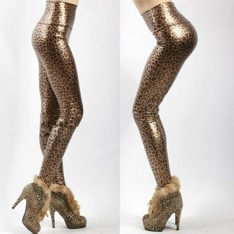 Femmes Leggings Simili Cuir Léopard Fin Pantalon Skinny Fête Vêtement Club