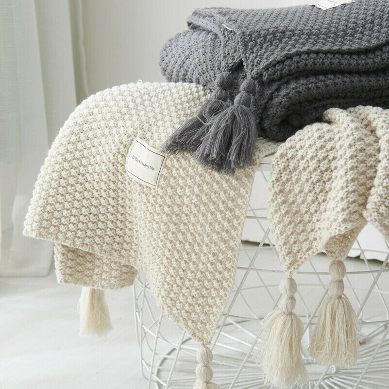 Knitted Blanket Tassel Fringe Bed Sofa Couch Throw Pom Pom Warm Winter Soft Cosy
