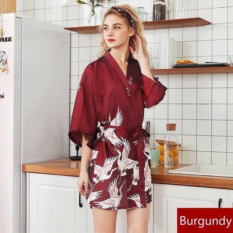 Japanisch Damen Kunst- Satin Seide Bademantel Nachtwäsche Kimono Schlafanzüge