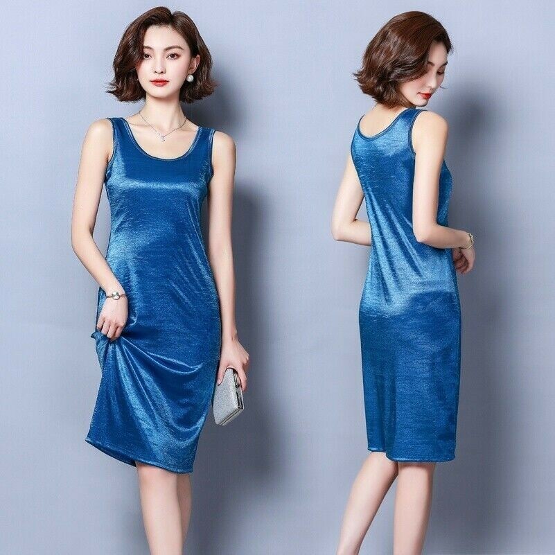Femme Long Débardeur Robe Brillant sans Manche Midi Décontracté Extensible Faux