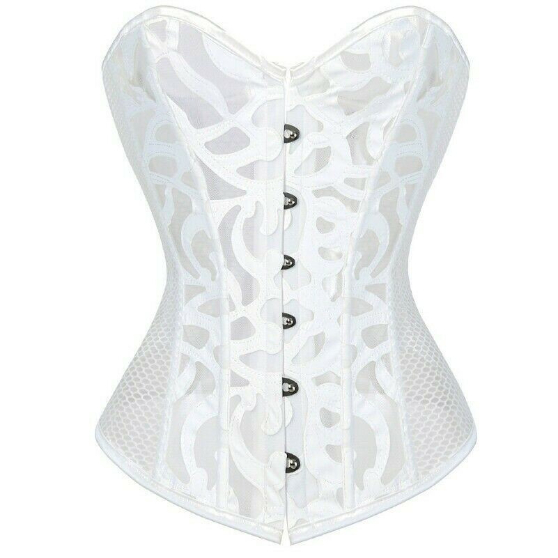 Women Lady Corset Mesh Lace Up Overbust Bridal Basque Black White Plus Size