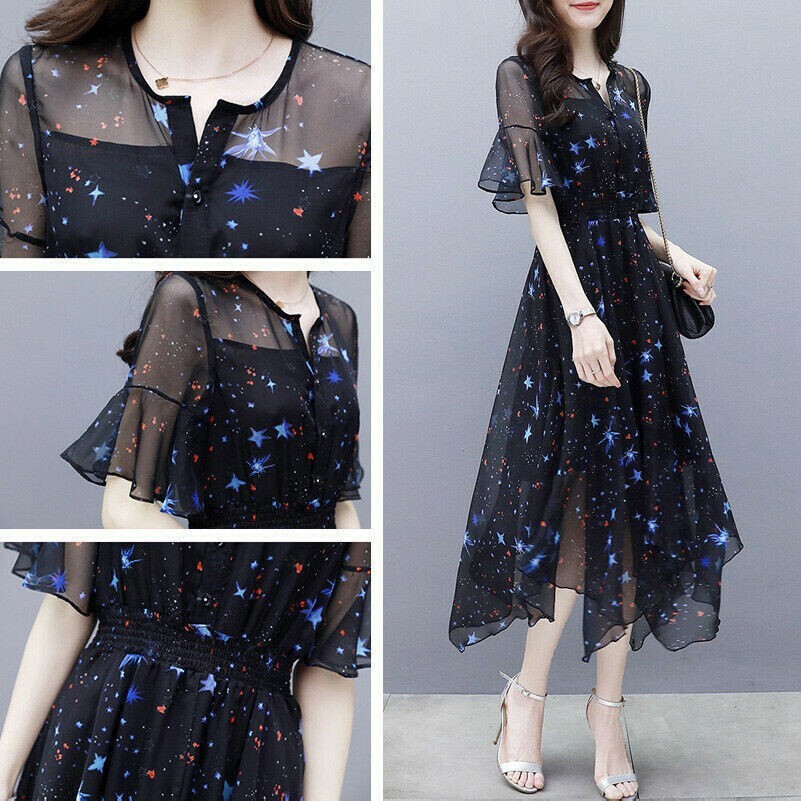 Women Lady Chiffon Long Dress Star Printed Mesh Short Sleeve Fairy Beach Elegant
