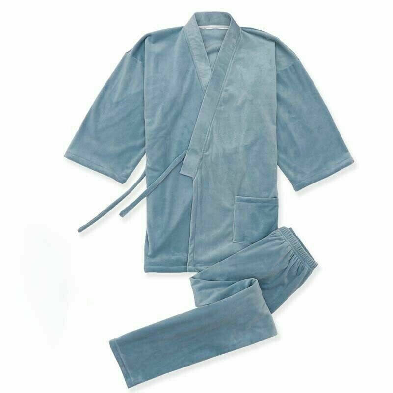 Japanisch samt Pyjama-Set Damen 3/4 Ärmel Kimono Top Lang Hose Nachtwäsche Soft