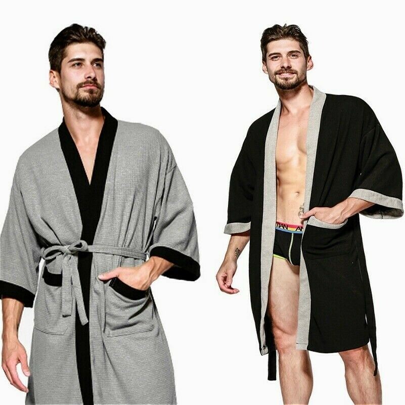 Men Robe Dressing Gown Bath Nightwear Waffle Soft Cotton Hotel Home Spa Shower