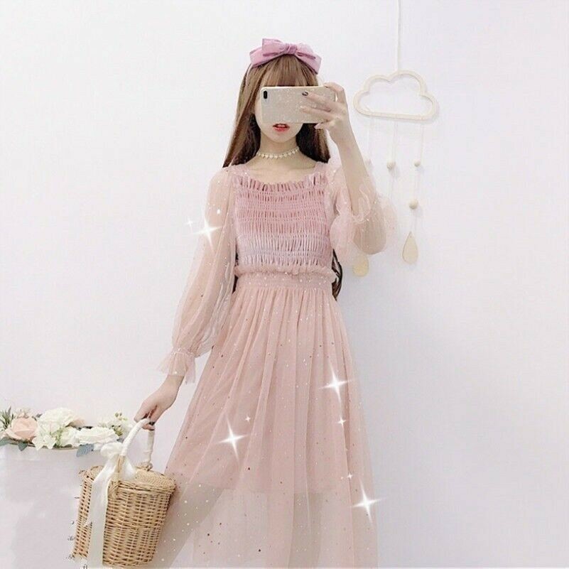 Damen Netz Hauchdünnes Kleid Spitze Glitzer Puffärmel Vintage Lolita Fee
