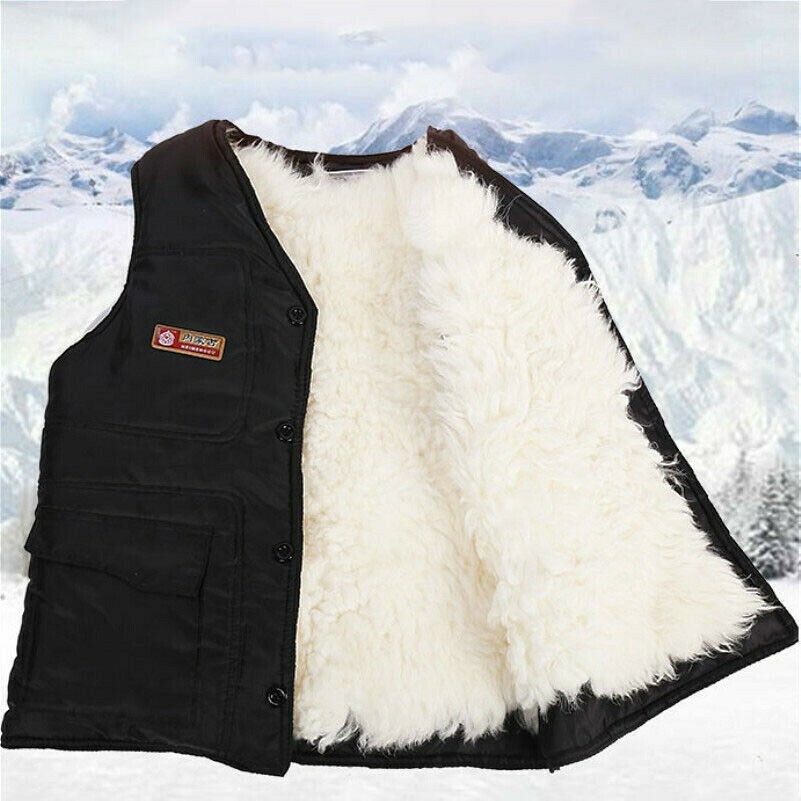 Men Winter Warm Waistcoat Wool Vest Top Thick Fleece Lined Sleeveless Coat Loose