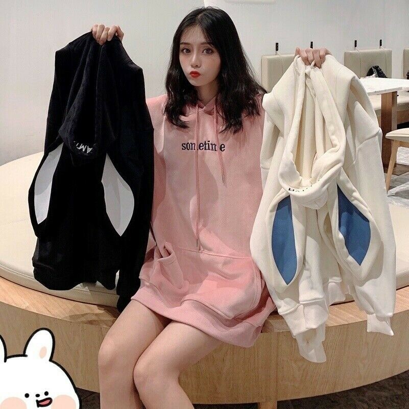Femme Fille Desseré Pull Sweat à Capuche Haut Velours Japonais Lapin Oreille