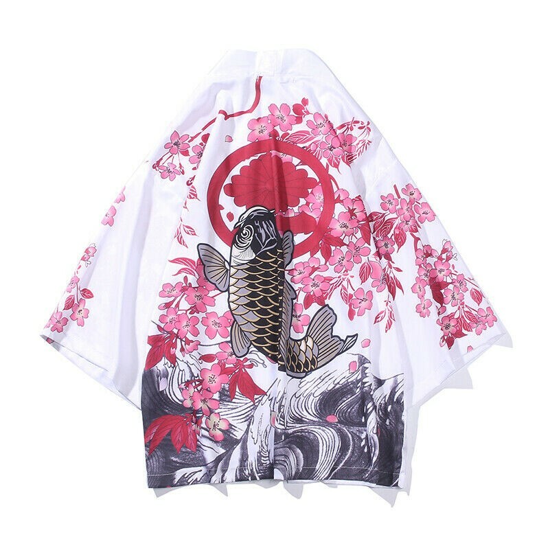 Herren 3/4 Ärmel Locker Kimono Yukata Strickjacke Top Hemd Japanisch Sakura