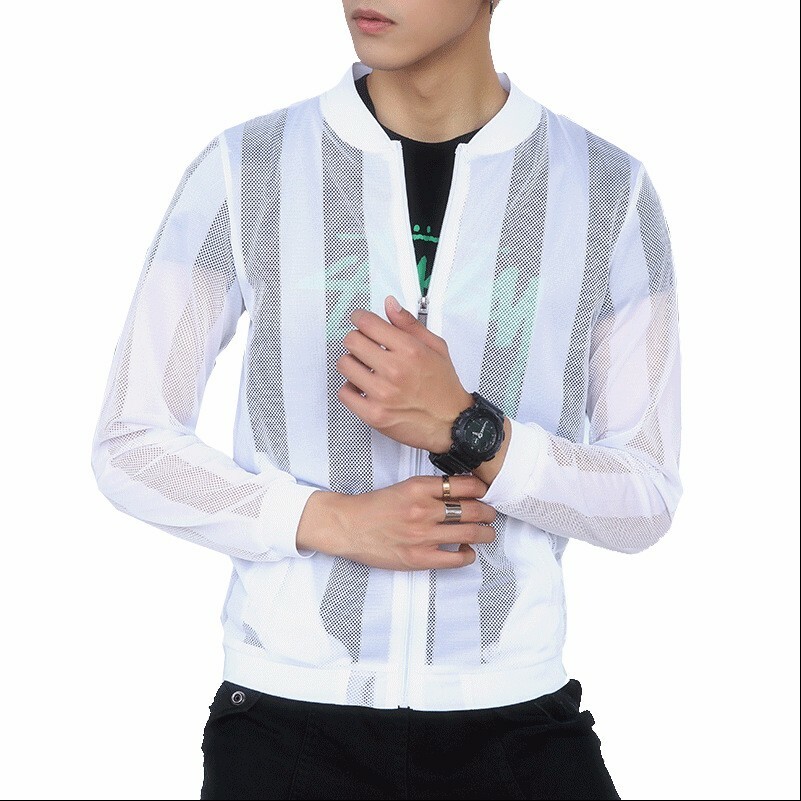 Herren Aushöhlung Jacke Durchsichtig Netz Gestreift Sommer Mantel Outwearlinie