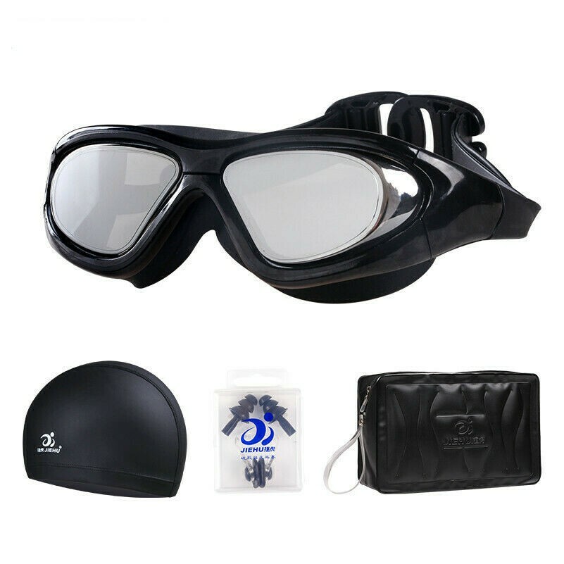 Swimming Set Goggle Myopic Len Glasses Anti Fog Ear Plug Nose Clip Cap 150°-900°