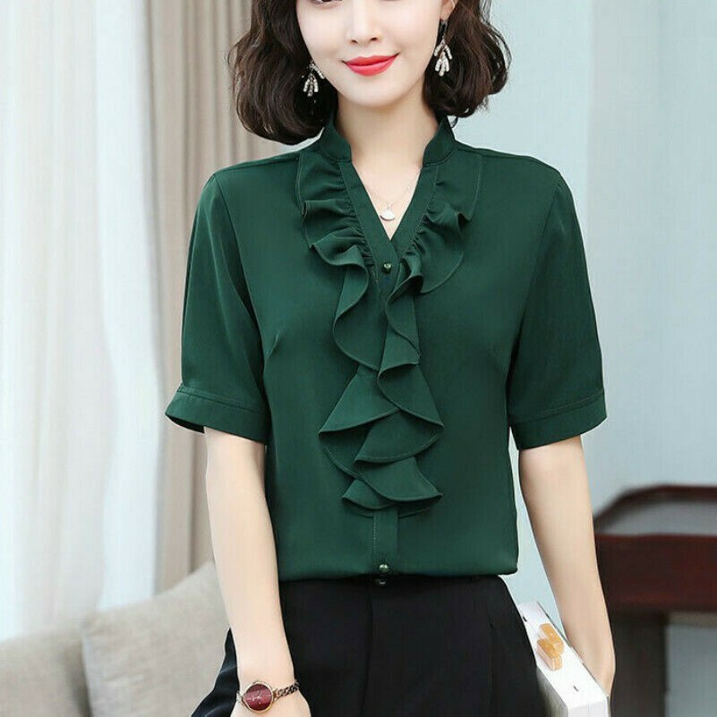 Blusa Donna Maniche Corte Lavoro Top Chiffon Con Collo A V Righe Fiocco