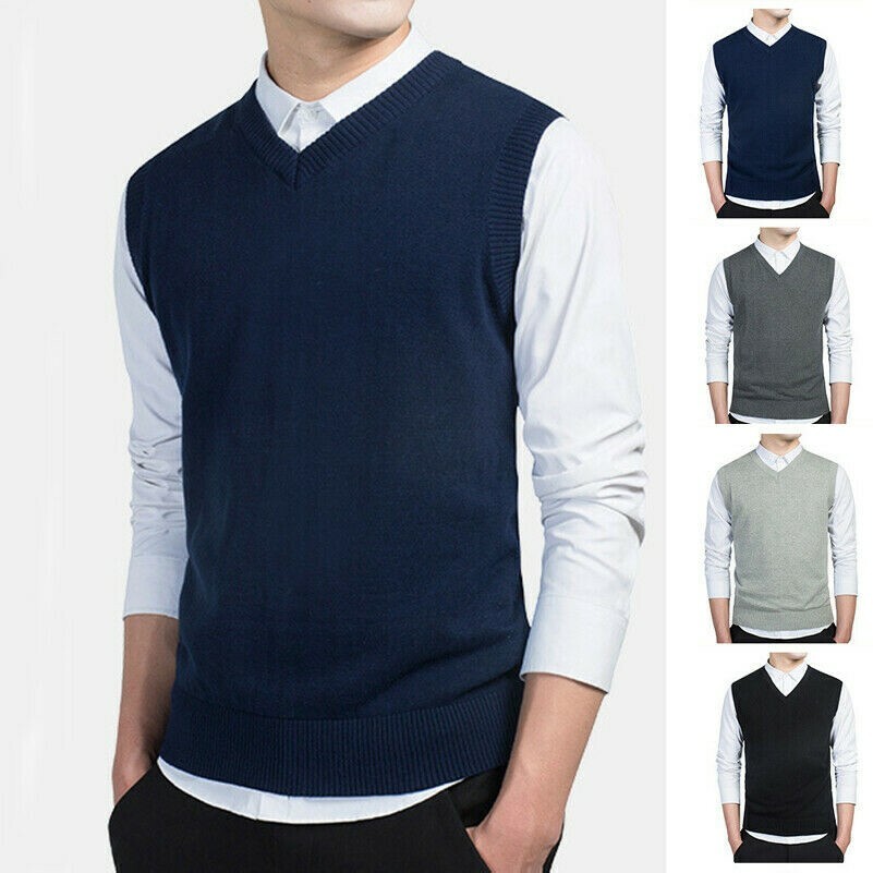 Men Sweater Vest Sleeveless V Neck Golf Cricket Bowling Soft Pullover Knit Black