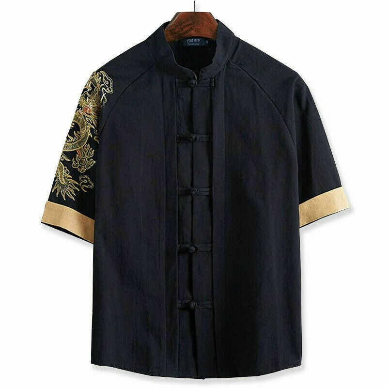 Herren Chinesisch Drachen Baumwolle Leinen Hemd Top Bluse Ethnisch Baggy Frosch