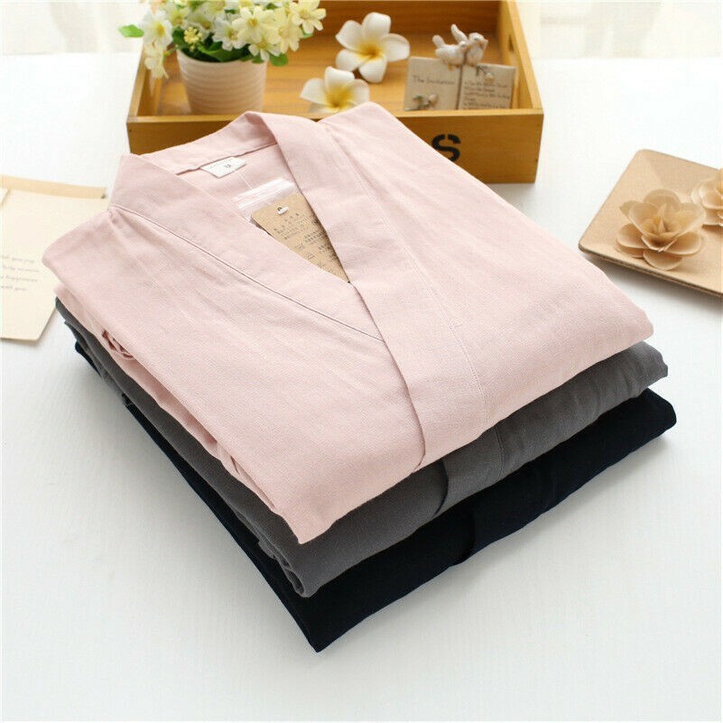 Women Men 100% Cotton Loose Japanese Kimono Robe and Pants Set Pajamas Sleepwear