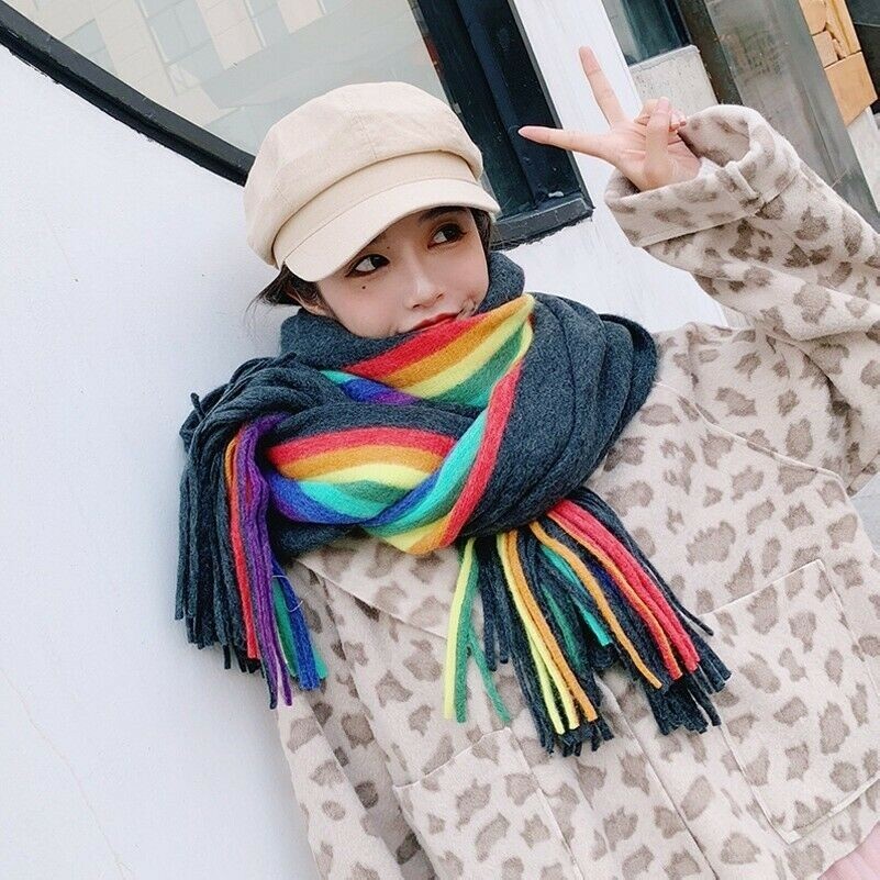 Women Rainbow Faux Cashmere Wool Scarves Tassel Stripe Thicken Shawl Wrap Winter